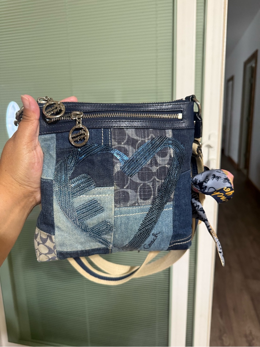 Coach Denim Patchwork Heart Crossbody Bag - Blue & Light Blue
